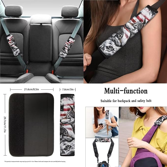 Wolf American Flag Pattern 13 Pieces Car Accessories, Auto Front and Back Seat Covers Full Set, Comfortable Steering Wheel Cover, Seat Belt Protector, Coasters for Car Auto