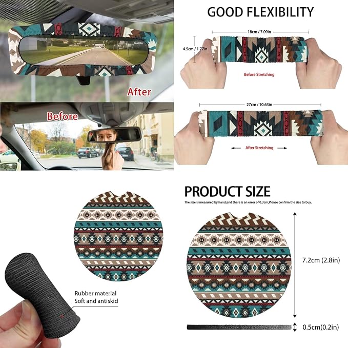 Southwestern Aztec Car Seat Covers Set of 15 with Universal Steering Wheel Cover, Rearview Mirror Cover, Car Trash Can, Seatbelt Pads, Cup Holder Coasters, Keychains