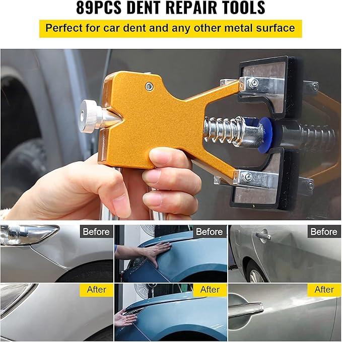 VEVOR Dent Puller Kit, 89 PCS Paintless Dent Repair Kit with Remover Tools, Golden Lifter & Glue Tabs for Car Dents, Door Ding Repair