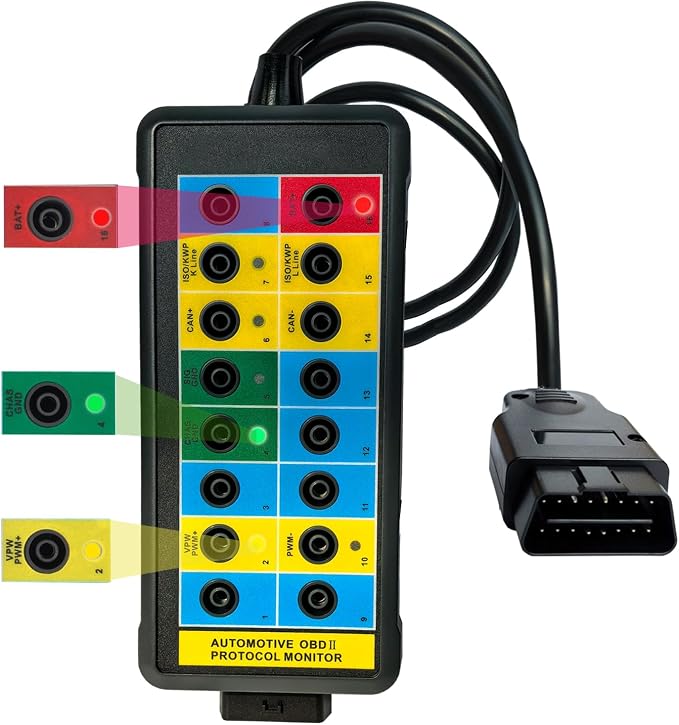 Professional OBD2 Breakout Box with LED Indicator, 16-Pin OBD2 Diagnostic Tool Automotive Electrical Tester Portable Auto OBD2 Protocol Detector Monitor Car Testing