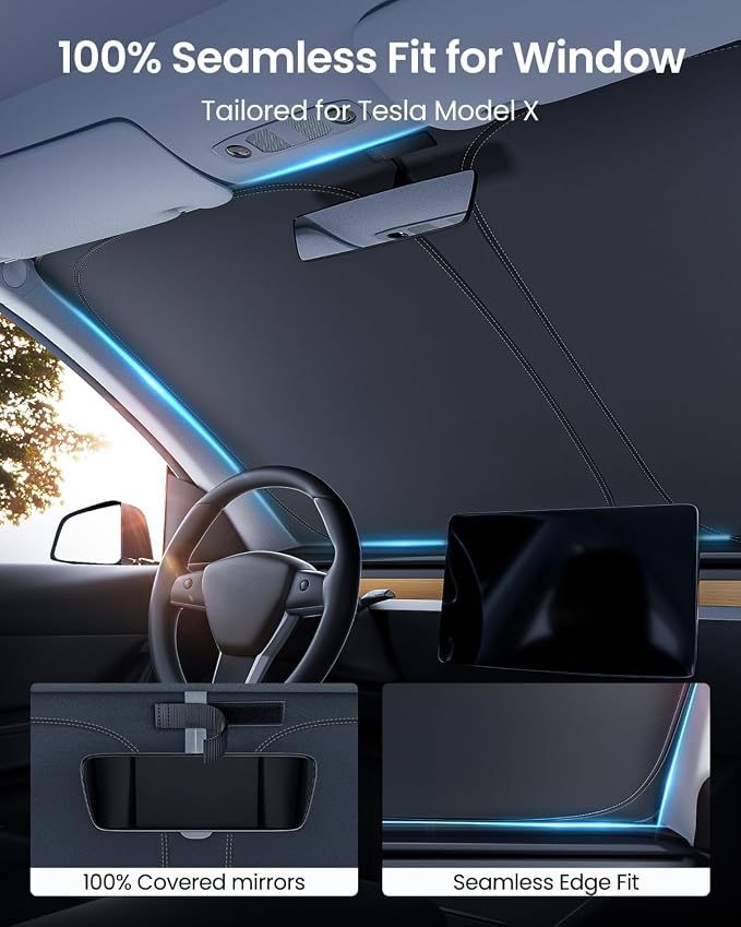 REEVAA Upgraded for Tesla Model X 2021-2026 Windshield Sunshade [Tailored Fit, 99% Sun Protection] Foldable Sun Shade Car Accessories with Storage Bag