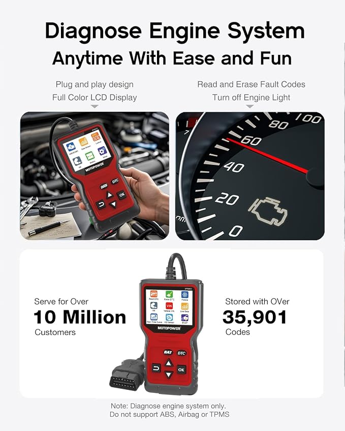 MOTOPOWER MP69033 Pro OBD2 Scanner Code Reader Check Engine Fault Light Diagnostic Scan Tool with Battery Tester