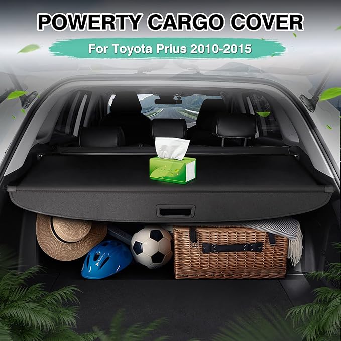 Powerty Cargo Cover for 2010-2014 2015 Toyota Prius 1.8L Accessories Trunk Cover Retractable Trunk Shielding Shade Cargo Luggage Cover Black（Not Fit Toyota Prius C and Toyota Prius V）