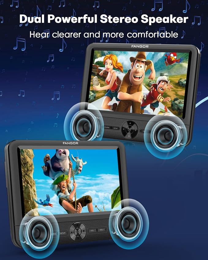 Car DVD Player Dual Screen, FANGOR 7.5 Inch DVD Player for Car Play The Same or Two Different Movies with Headrest Straps, Support Last Memory, AV Out/in, USB/SD Card, All Regions