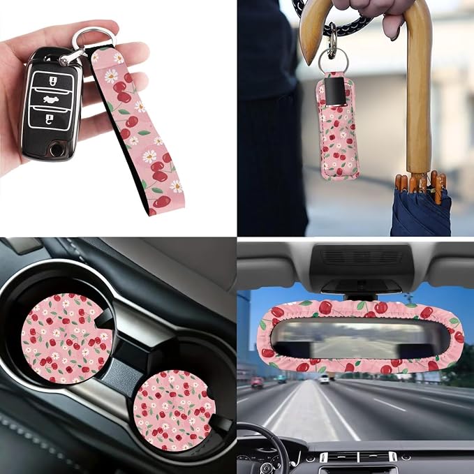 Cherry Daisy 12 Pack Car Seat Covers Sets Car Steering Wheel Cover Car Seat Belt Cover Car Trash Can Car Rear View Mirror Cover Car Cup Coasters Keychain Holder Keychains