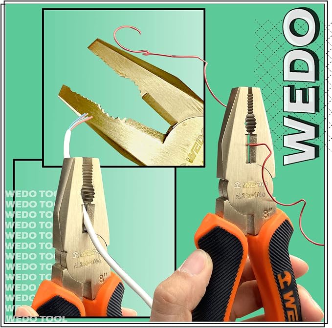 WEDO Non-Sparking Lineman's Pliers 10", Spark-free Safety Side Cutter Linemans Pliers, Combination Pliers, Wire Stripper, Crimper, Cutter, DIN Standard, BAM & FM Certificate, Aluminum Bronze