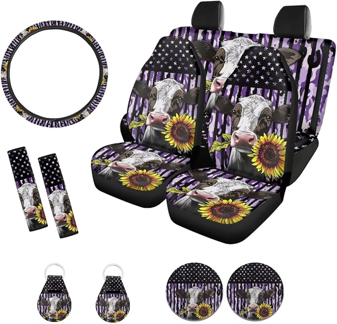 Suobstales Cow Sunflower Camo Print Car Seat Covers Full Set for Women Men American Flag Seat Cover Protector Auto Decorative with Steering Wheel Cover +Seat Belt Covers +Coasters +Keychains