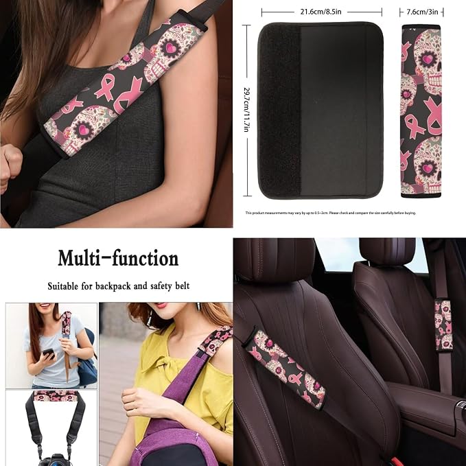 Pink Ribbon Sugar Skull Car Seat Cover Set of 13, Breast Cancer Awareness Stretchy Steering Wheel Cover, Skulls Ribbons Seat Belt Cover Cup Holder Pad, Easy to Clean