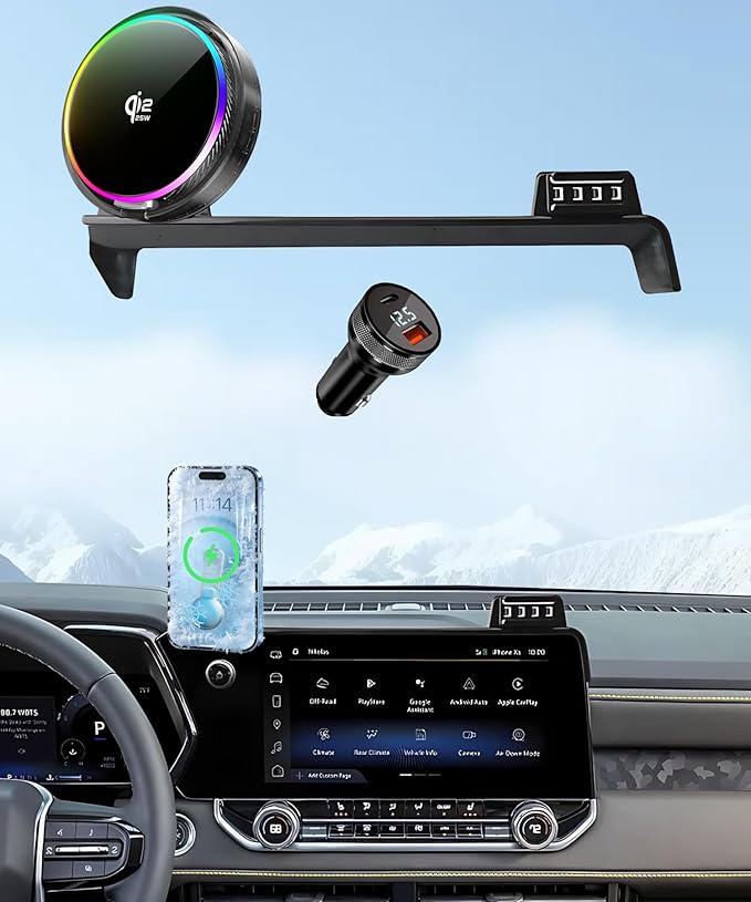 Qi2.2 25W Magnetic Car Mount Charger for 2023 2024 2025 2026 Chevrolet Colorado Accessories, for Fast Charging Cell Phone Holder 11.3 Inch Screen Fixed Clip with Cooling Fan＆54W Fast Adapter