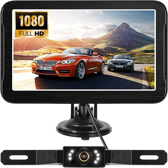 Wired Backup Camera System, 1080P HD 7-Inch Monitor with Suction Cup, Easy Install License Plate Reverse Camera with Night Vision, Plug & Play via Cigarette Lighter for Car, SUV, Pickup