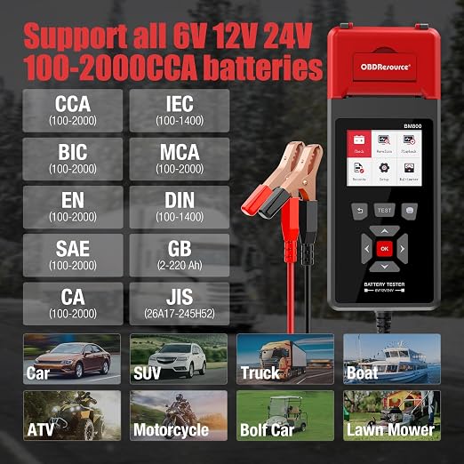 OBDResource Professional Car Battery Tester with Printer 6V 12V 24V 100-2000CCA Digital Battery Voltage Tester for Automotive Standard, Cranking, Charging & Load Test, BM800 Battery Load Tester