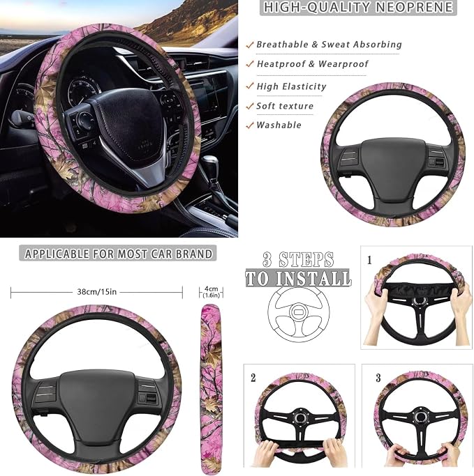 KEIAHUAN Car Seat Covers Set for Women Men Camo Hunting Design Includes Gear Shift Cover&Handbrake Cover+Stretchy Steering Wheel Cover+Small Cup Coasters+Car Headrest Covers Auto Interior Accessories