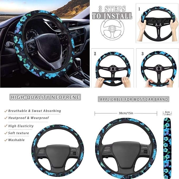 AFPANQZ Blue Tropical Flower Car Seat Covers Full Set for Women with Steering Wheel Cover + Seat Belt Strap Pads + Gear Shift Knob Handbrake Cushion Cupholder Coasters Luxury Auto Decor