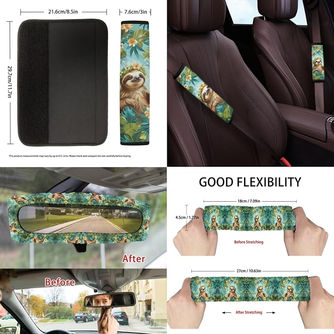 Suobstales Sloth Flower Palm Leaf Print Car Accessories Auto Seat Covers Full Set of 13 with Steering Wheel Cover, Seat Belt Pads, Trash Can, Coaster, Rearview Mirror Cover, Keychains for SUV Van