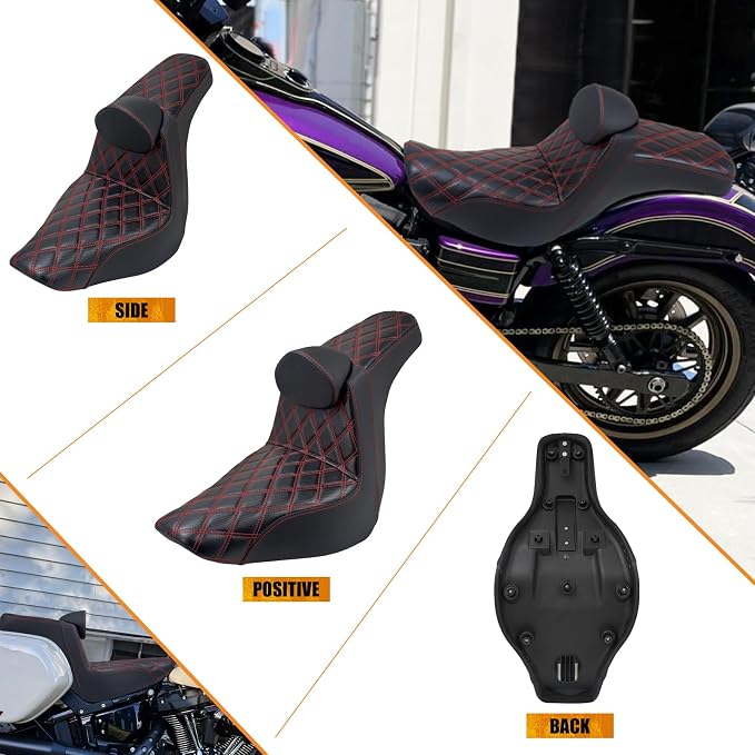 Motorcycles Driver Passenger Seat Cushion Pad One-Piece Seat Leather Pillion with Driver Backrest Fit for Harley Low Rider FXLR FXLRS Sport Glide FLSB 2018-2024 (Red Stitching)