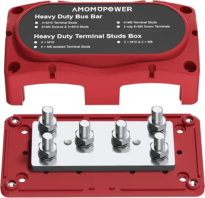 450A 12-48v Busbar Box 6xM8(5/16in) Studs Nickel-Plated Copper Power Distribution Block Battery Junction Block Buss Bar with Accessory kit for Solar Systems RV Electrical Box