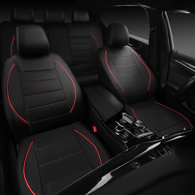 CAR PASS 3 Row Car Seat Covers, Piping Leather Seat Cover with 7 Headrests, Universal Fit Seat Cover Set for Cars Trucks SUV Van Airbag Compatible,7 Passenger Seat Covers Full Set (Black and Red)