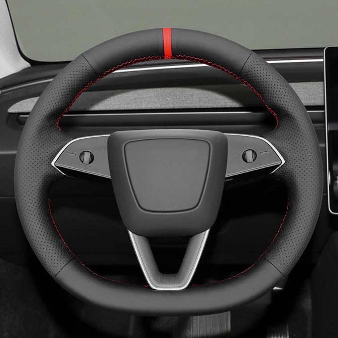 MEWANT DIY Steering Wheel Cover for Tesla Model 3 Highland 2025 Tesla Model Y Juniper 2025 Made of Black Real Leather