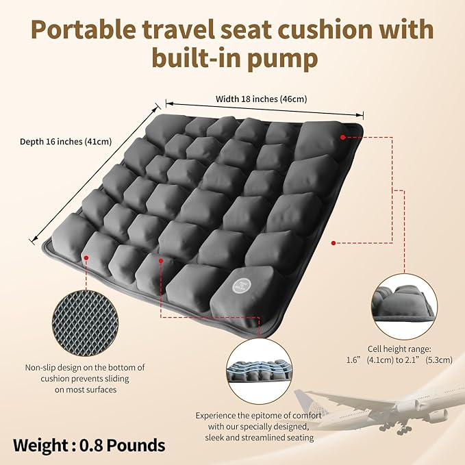 Inflatable Seat Cushion with Built-in Pump for Airplane Travel, Car & Office Chair - Portable Air Pad for Sciatica, Coccyx & Tailbone Pain Relief - 3D Air Cell Support for Long Sitting, 0.8lbs