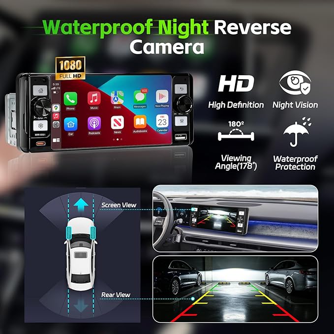 Single Din Radio Car Stereo with Wireless Apple Carplay & Android Auto, 5.7" IPS Touchscreen Car Stereo with Bluetooth 1080P Backup Camera Mirror Link Navigation Type-C Fast Chaging USB FM/AM EQ Mic