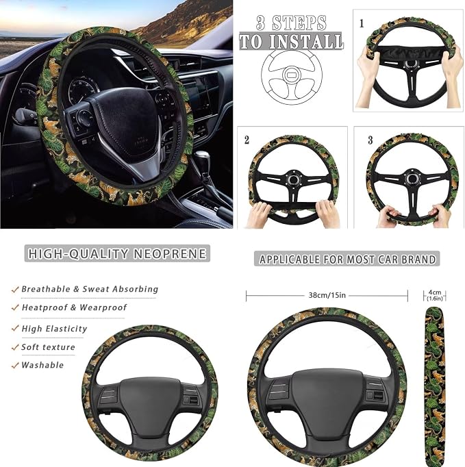 AFPANQZ Tiger Monstera Print Car Accessories Set Car Seat Covers Full Set with Steering Wheel Cover/Car Coaster/Handbrake Gear Shift Knob Covers/Seat Belt Shoulder Pads