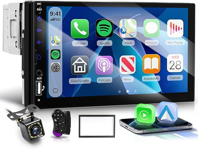 Single Din Car Stereo with Wireless Carplay Android Auto, 7 Inch Touch Screen Car Stereo 1 Din with Backup Camera Car Radio Support Mirror Link Bluetooth 5.0 FM USB EQ Steering Wheel Control