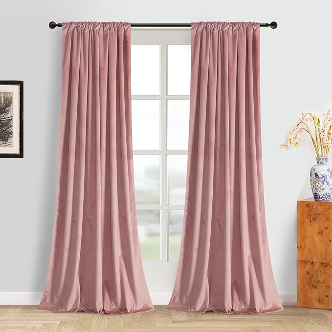 Roslynwood Luxury Soft Dusty Pink Velvet Curtains 90 inches Long Back Tab Thermal Insulated Blackout Window Drapes for Living Room/Bedroom/Dining Room, W52 x L90, 2 Panels
