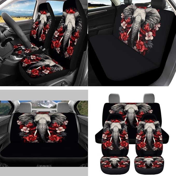 15 Pcs Rose Elephant Car Seat Covers Full Set for Women Goth Car Accessories Interior Car Steering Wheel Cover Seatbelt Covers Trash Bin Rear View Mirror Cover Cup Holders Keychain