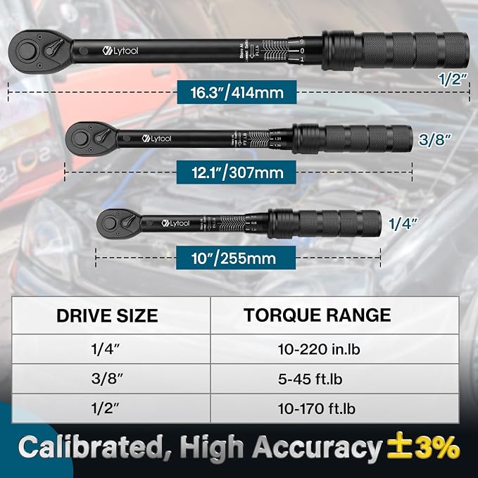 Lytool 3-Piece 72-Tooth Click Torque Wrench Set(1/4" 3/8" 1/2" Drive) with Torx and Hex Bit Socket Set 1/4”
