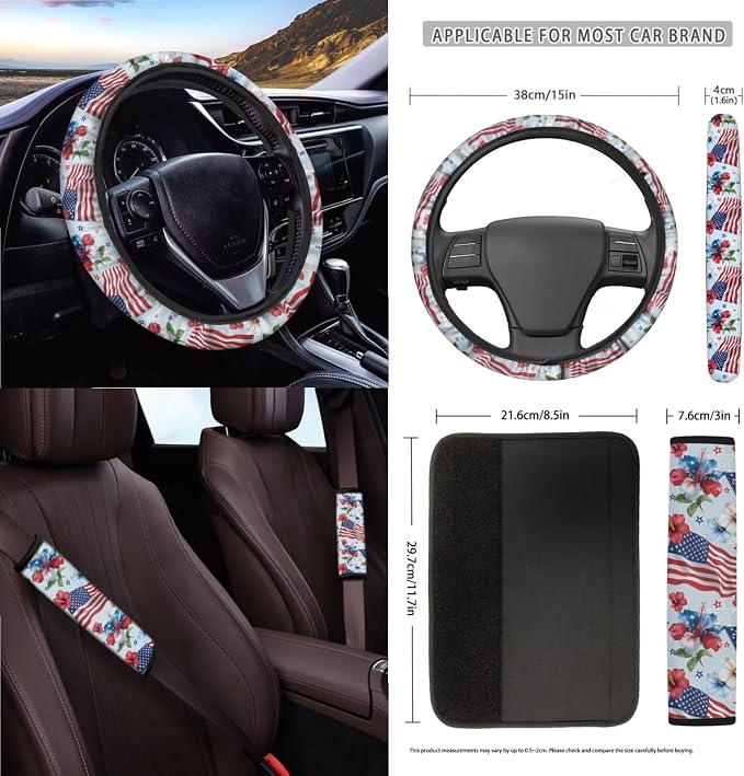 Car Seat Cover Sets Steering Wheel&Seat Belt Cover Trash Bin Air Vent Storage Box Front Rear View Mirror Cover Car Cup Holder Keychain 15Pcs Car Accessories American Flag Hibiscus Floral
