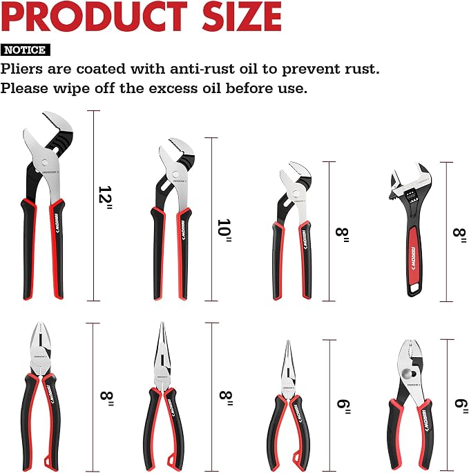 ARROW 8-Piece Pliers and Wrench Set, 12"/10"/8" Groove Joint Pliers, 8" & 6" Long Needle Nose, 8" Linesman, 6" Slip Joint, 8" Adjustable Wrench, Dual-Color TPR Handles, Roll-Up Pouch Included