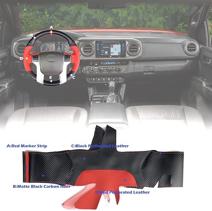 Hand-Stitch Wheel Wrap Side Red Perforated Leather&Matte Black Carbon Fiber Steering Wheel Cover for Toyota Tacoma 2012-2021 / 4Runner 2010-2021 / Tundra Sequoia 2014-2021 (Matte Carbon Fiber)