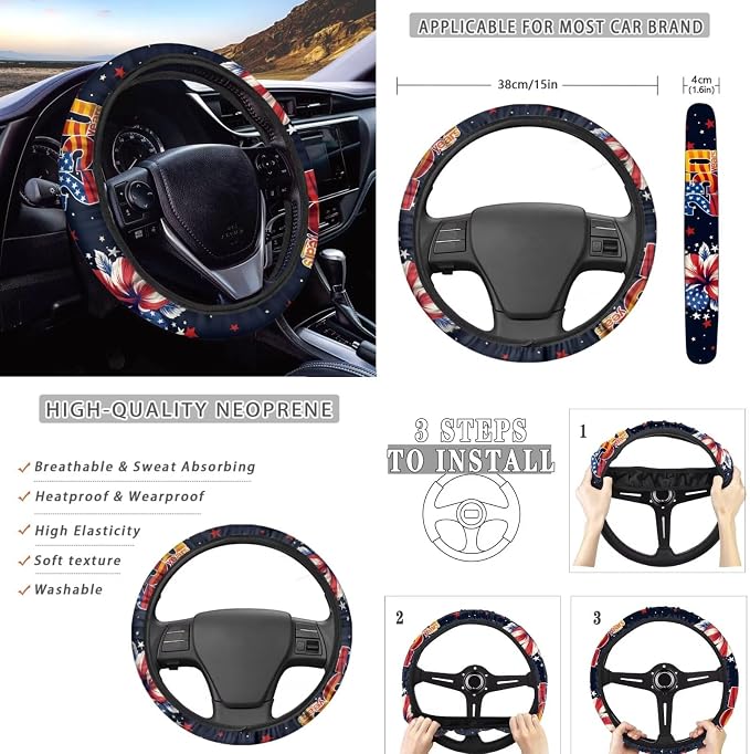 Wanyint Car Seat Cover Set, with Steering Wheel Seat Belt Pads Center Console Handbrake Gear Shift Cover Cup Coaster Holder for US 250th Anniversary, Pack of 12, American Flag Hibiscus Star Stripe