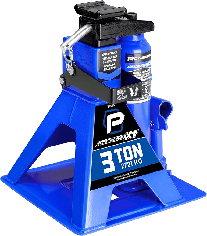 POWERBUILT 3 Ton All-in-One Hydraulic Bottle Jack and Jackstand in One, Compact, Wide Base, 11-21 Inch Range, Eliminates Jackstands, for Trucks, SUVs, RVs, Trailers, ASME, Not for Sedans - 640912