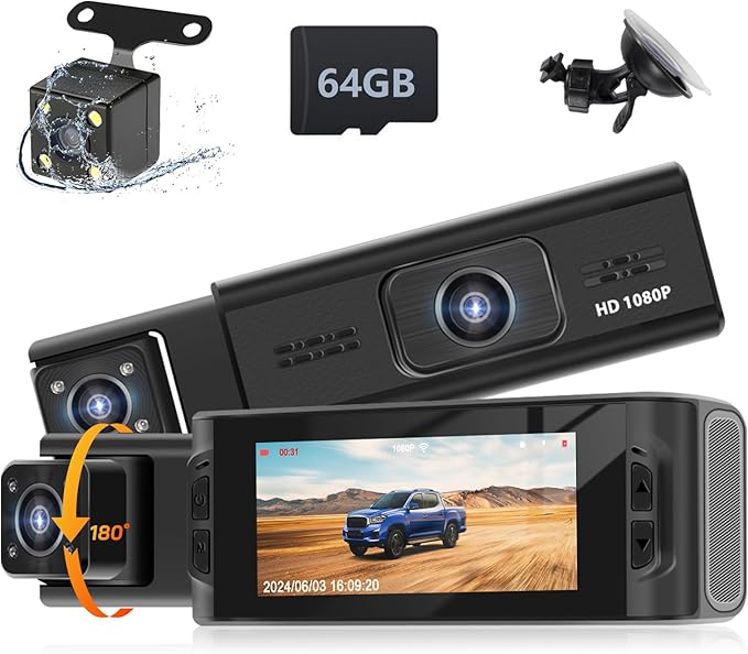 3 Channel Mirror Dash Cam 1080P Front and Rear Inside with 64GB Card 3.16'' IPS Screen Dash Camera Support G-Sensor Motion Detection Loop Recording Parking Assistance Exposure Compensation