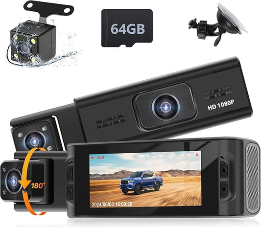 3 Channel Mirror Dash Cam 1080P Front and Rear Inside with 64GB Card 3.16'' IPS Screen Dash Camera Support G-Sensor Motion Detection Loop Recording Parking Assistance Exposure Compensation