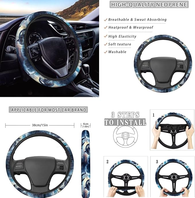 Killer Whale Car Seat Cover Set with Steering Wheel Wrap, Gear Lever Cover Hand Brake Cover and Seatbelt Pad Cover, Cup Holder Coaster Full Set of 11 Pack Auto Accessories
