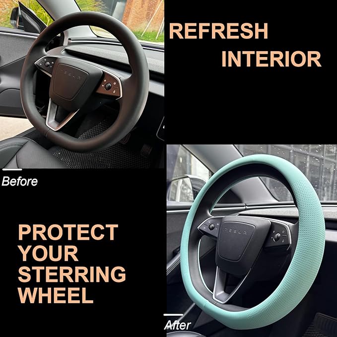 PINCTROT Nappa Leather Steering Wheel Cover for Tesla Model Y/3 Highland/Juniper, D Shaped 14 Inch Small Sized with Breathable Perforation, Fit Like Gloves, Flat Bottom 14 Inch(Nappa Mint)