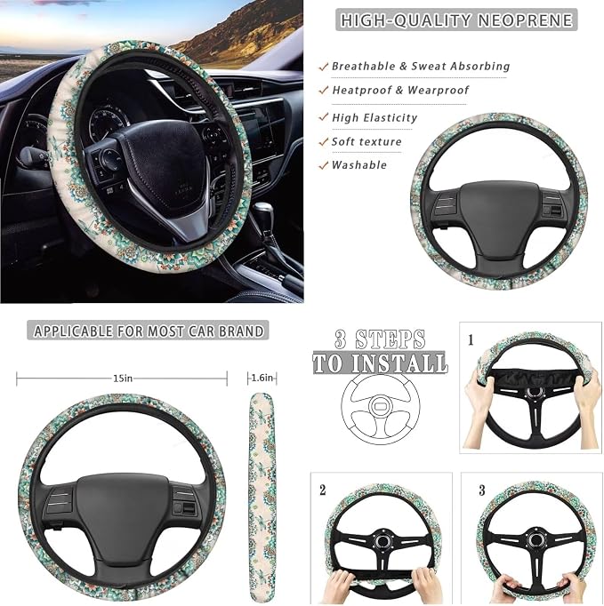 Suobstales Boho Dragonfly Flower Print Car Accessories for Women Men Seat Covers for Car, Trucks, SUV Full Set Interior Cover Seat Protectors with Steering Wheel Cover,Seat Belt Pads,Coaster,Keychains