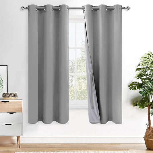 XWZO Full Shading Blackout Curtains with Tiebacks- Heat and Light Blocking Ring Top Window Drapes with Black Liner Backing for Bedroom/Kid's Room, Light Grey, W38 x L63, Set of 2 Panels