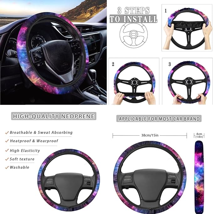 AFPANQZ Nebula Galaxy Car Seat Covers with Steering Wheel Cover, Seat Belt Shoulder Pads, Cup Holder Coasters, Gear Shift Knob and Handbrake Protector Cushion Full Set of 11 for Men Women Gift Navy