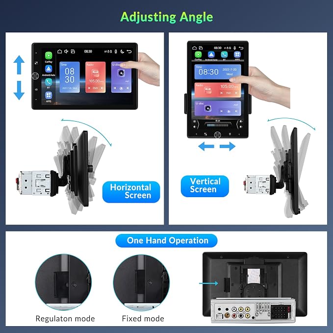 10.4" Single Din Touchscreen Car Stereo with Wireless Carplay& Android Auto, Adjustable Car Radio with Bluetooth, Mirror Link, FM Radio, Subwoofer, SWC, Backup Camera