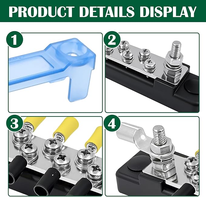 LENKRAD Ground Bus Bar 12V Marine 150A Battery Terminal Block Waterproof Power Distribution Block with 2 x M6 Post,10 x M4 Terminal Screws Negative Buss Bar for RV - 2Pcs