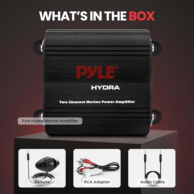 Pyle 2-Channel Marine Amplifier, 400W Waterproof Amplifier for Boat Stereo Systems, Compact Marine Audio Amplifier with Wired Volume Control, RCA/AUX/MP3 Input, Weatherproof Design for Outdoor Use