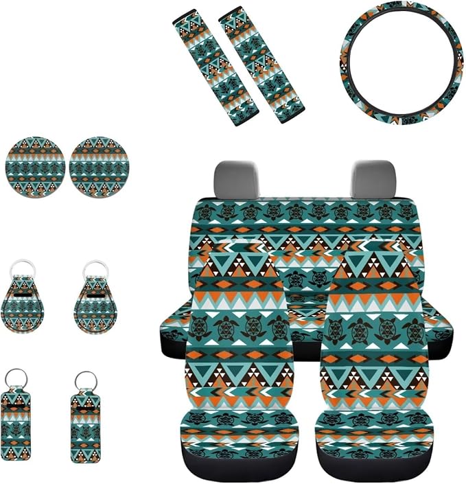 INSTANTARTS Turtles Southwest Africa Aztec Car Seat Cover Set - 13 Piece Accessories With Steering Wheel, Seat Belt & Coasters