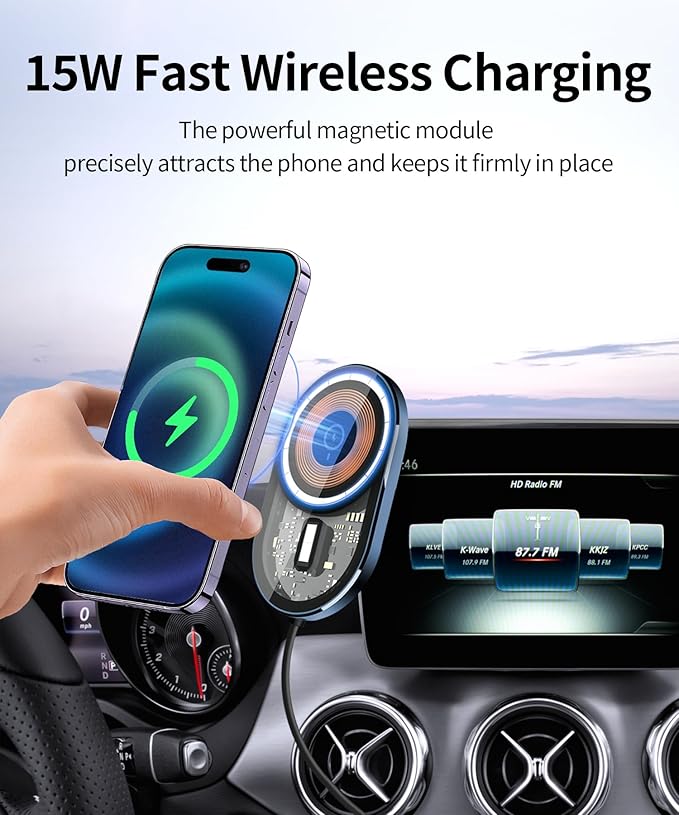 Wireless Charging Car Phone Holder for Mercedes Benz CLA-Class 2015-2019 / GLA-Class 2016-2020, 7/8" Screen Fixed Clip, 360° Rotation Car Phone Mount Compatible with MagSafe