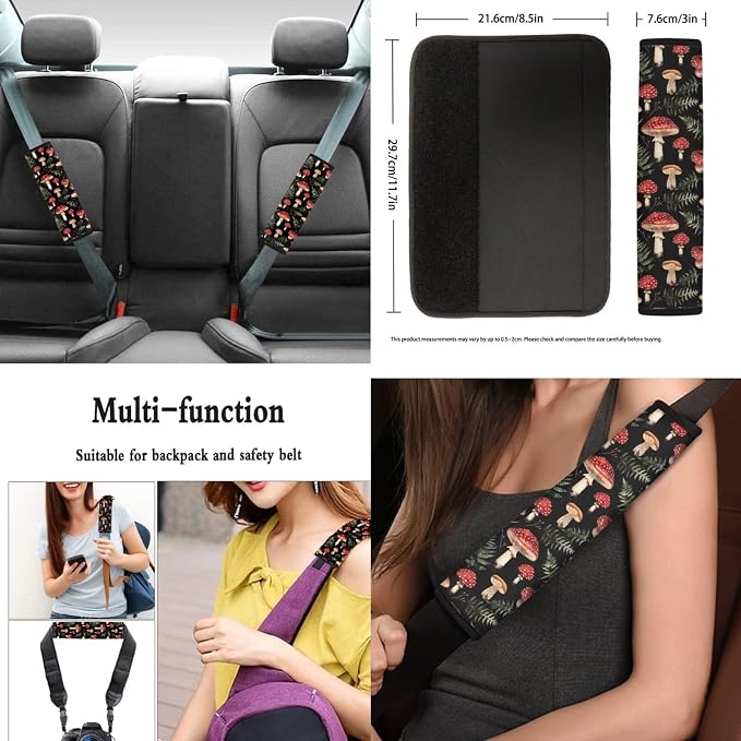Hippie Mushroom Car Seat Cover for Women 12Pcs Cottagecore Mushroom Steering Wheel Cover Seatbelt Pads Armrest Pad Mushrooms Coaster Keychain Universal Fit