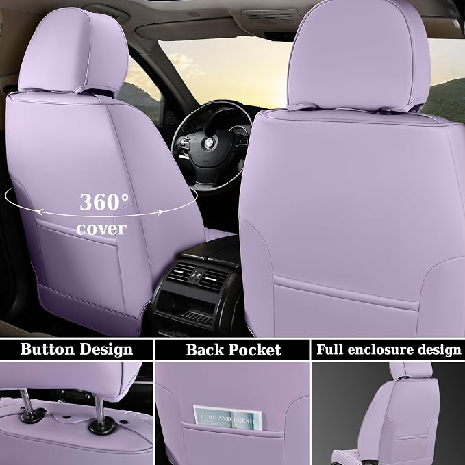Coverado Car Seat Covers Full Set, Nappa Leather Seat Covers for Cars, Waterproof Automotive Car Seat Covers Interior Accessories Universal Fit Most Sedans, SUVs, Pick-up Trucks (Purple)