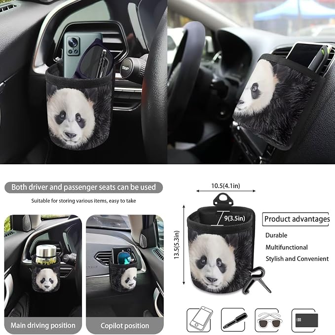 Panda Pattern Auto Accessories Set of 10, Front and Back Seat Covers for Car Steering Wheel Cover Cup Coasters Air Vent Pounch Bag Lanyard Keychain Car Trash Bin for Women Men