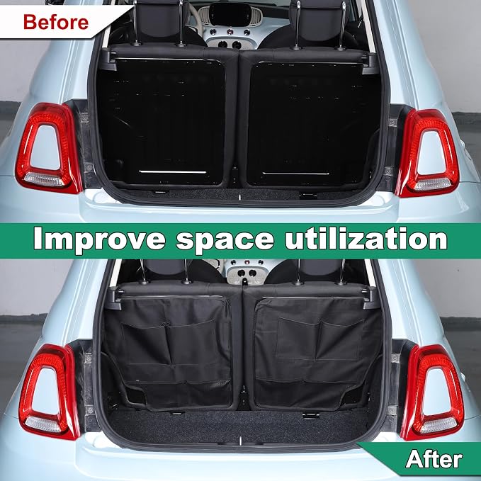 Car Trunk Organizer Compatible with Fiat 500 2016-2024 Accessories Back Seat Anti-Kick Mats Protector Car Backseat Hanging Organizer, Large Pockets, Waterproof, Wear-Resistant